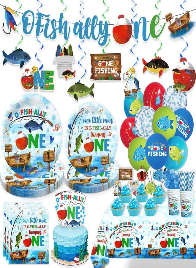 cocomigo 201pcs Ofishally One Birthday Decorations Tableware Set, O Fishally One First Birthday Decorations Plates Banner Cake Topper Ofishally One Balloons for Gone Fishing Party Decorations - Image 1